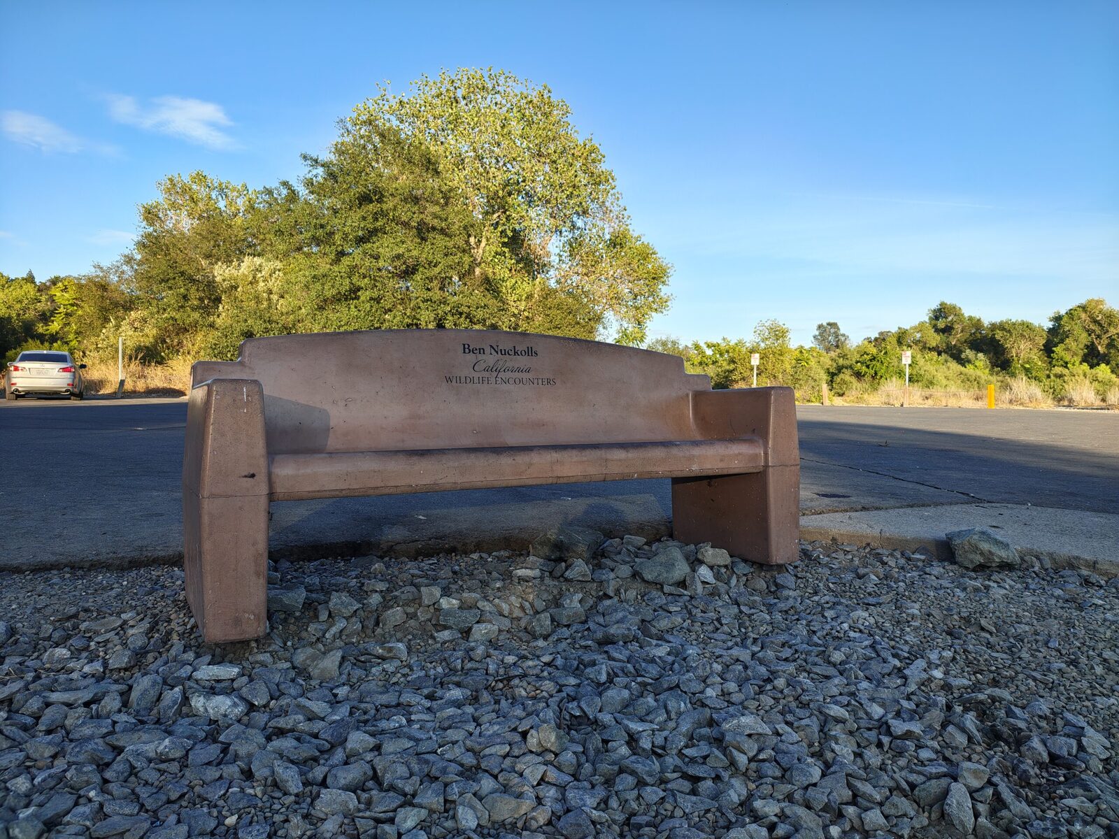 A bench above the parking area